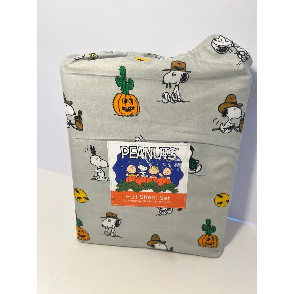Peanuts Halloween Full Sheet Set Berkshire Blanket Snoopy Pumpkin Grey 4pc NEW